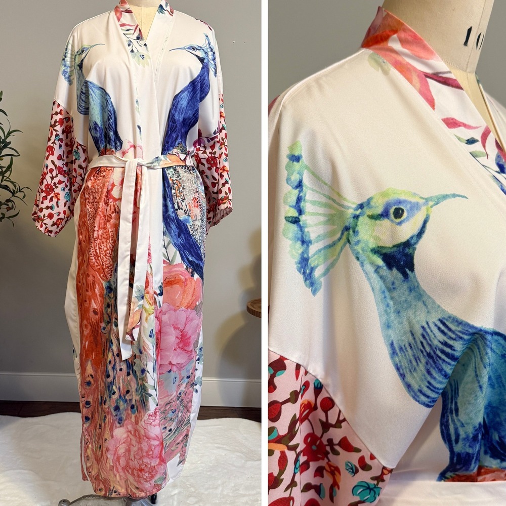 Peacock Floral Satin Kimono Robe One Size Belted Long Duster Cover Up Loungewear